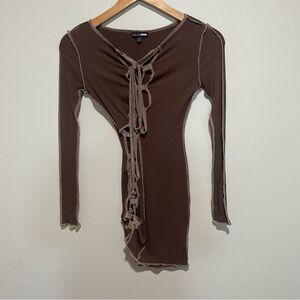 Fashion Nova Women's Brown Mini Lace Up Long Sleeve Dress‎ Size XS
